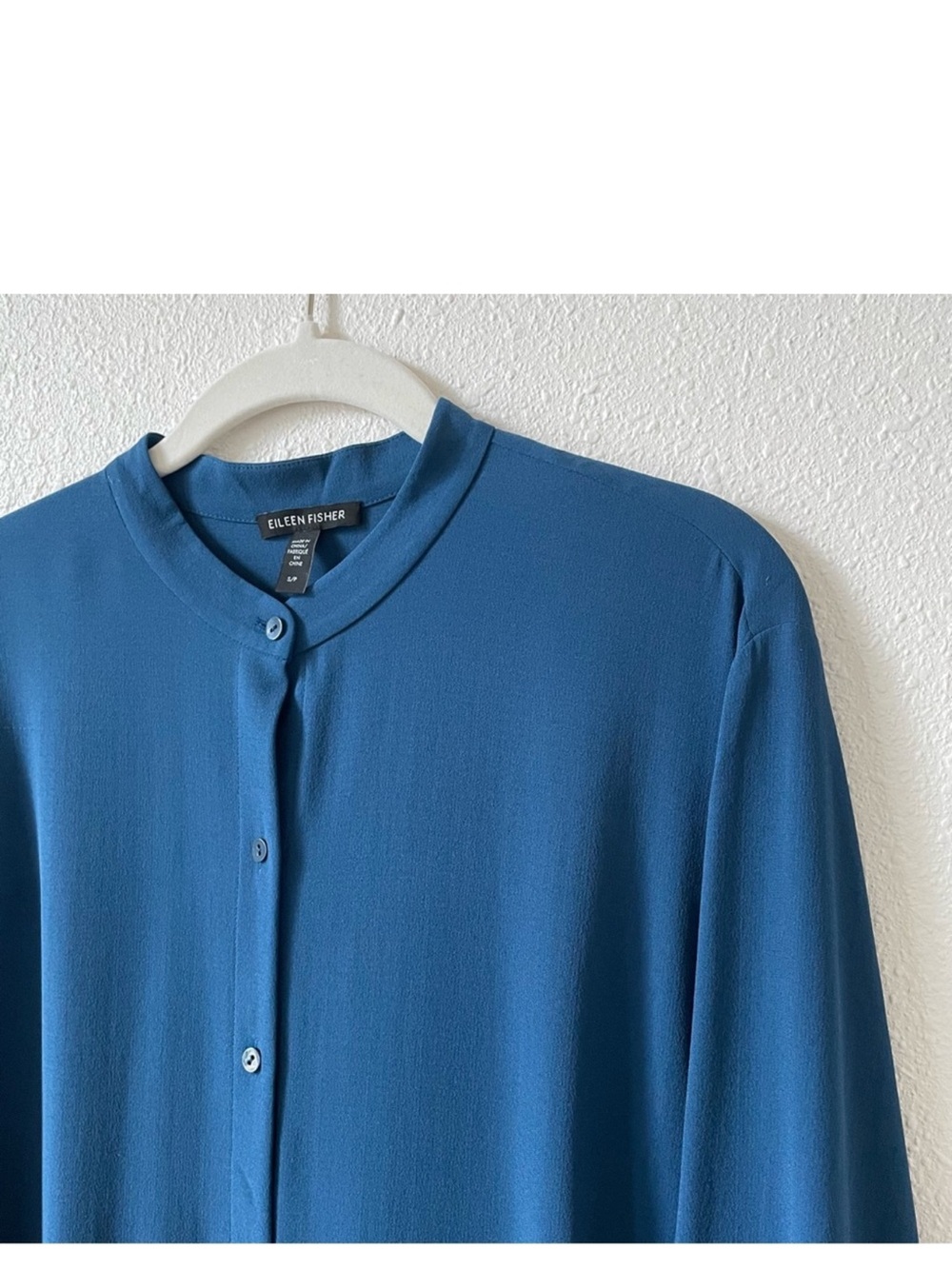 Eileen Fisher 100% Silk Mandarin Collar Tunic Blue Size Small Luxury Minimalist